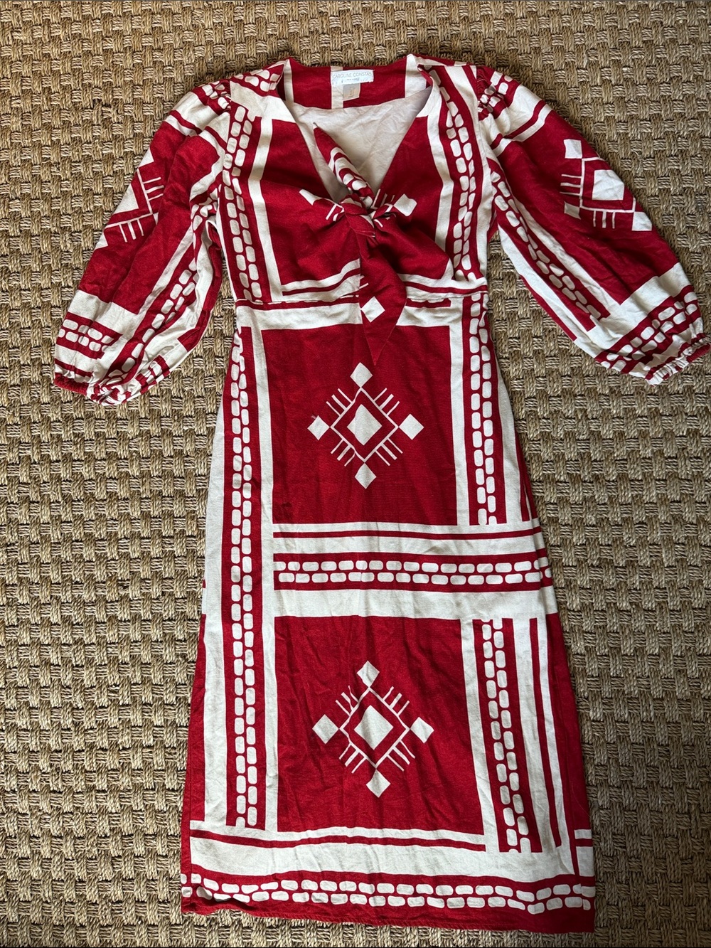 Caroline Constas Red/Brick and Cream Geometric Tie-Front Midi Dress sz S